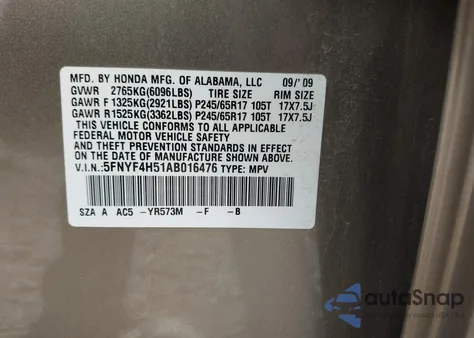 2010 Honda Pilot Ex-L из США, поврежденный, VIN 5FNYF4H51AB016476